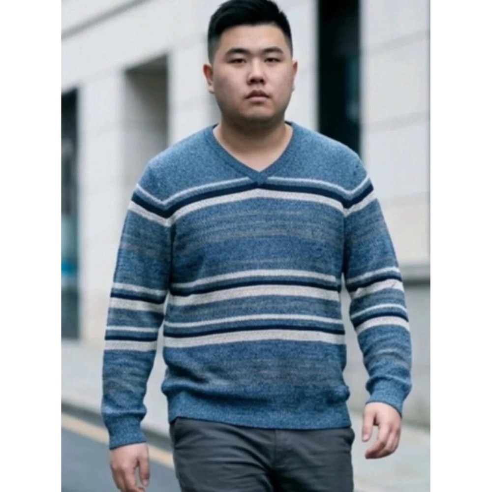 Lucky Brand Mens XXL Blue Striped V-Neck Cotton Linen Knit Sweater NWT